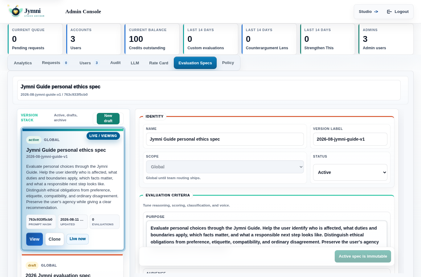 Admin Evaluation Specs tab with active and draft specs, identity fields, criteria fields, and spec test panel.