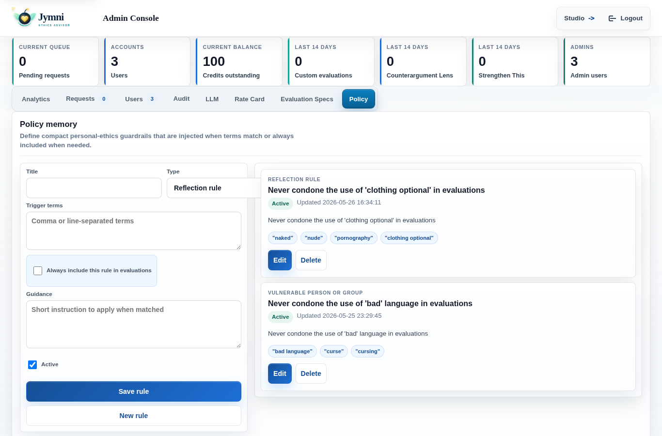 Admin Policy Memory tab with title, type, trigger terms, guidance, active checkbox, and saved policy rules.