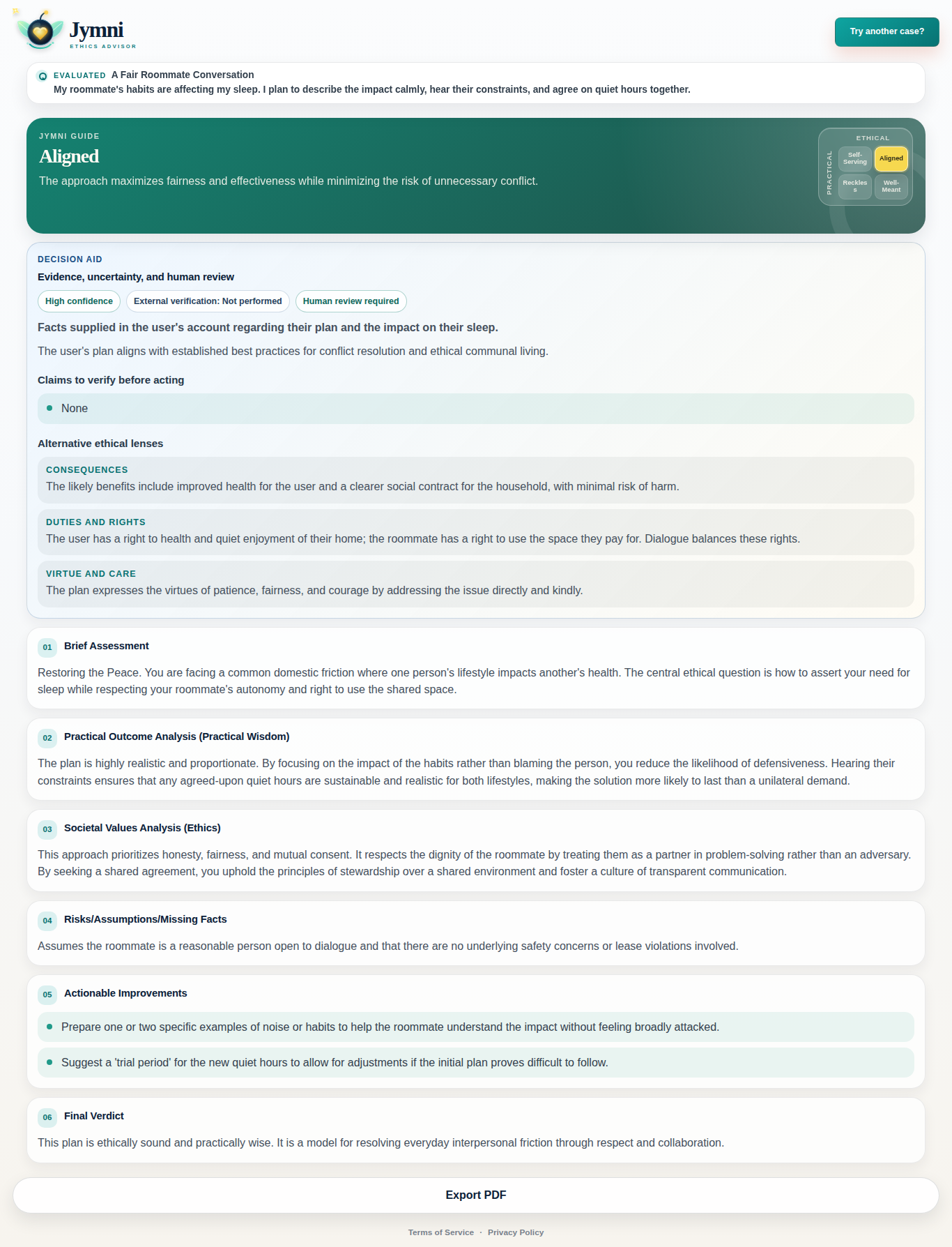 Advisor result screen showing a Aligned classification, matrix thumbnail, assessment sections, and Export PDF button.