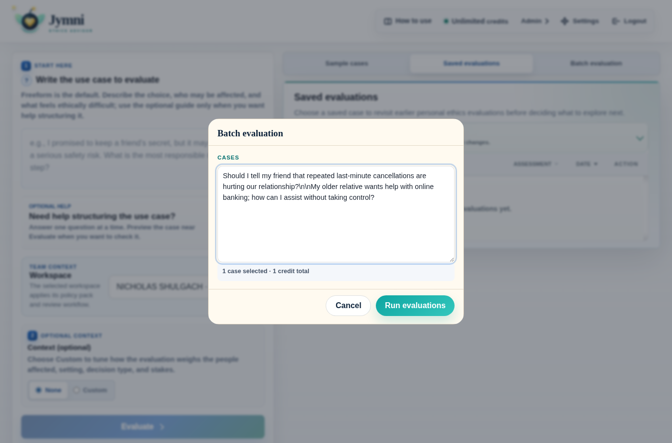 Batch evaluation dialog with two cases and a total credit estimate.