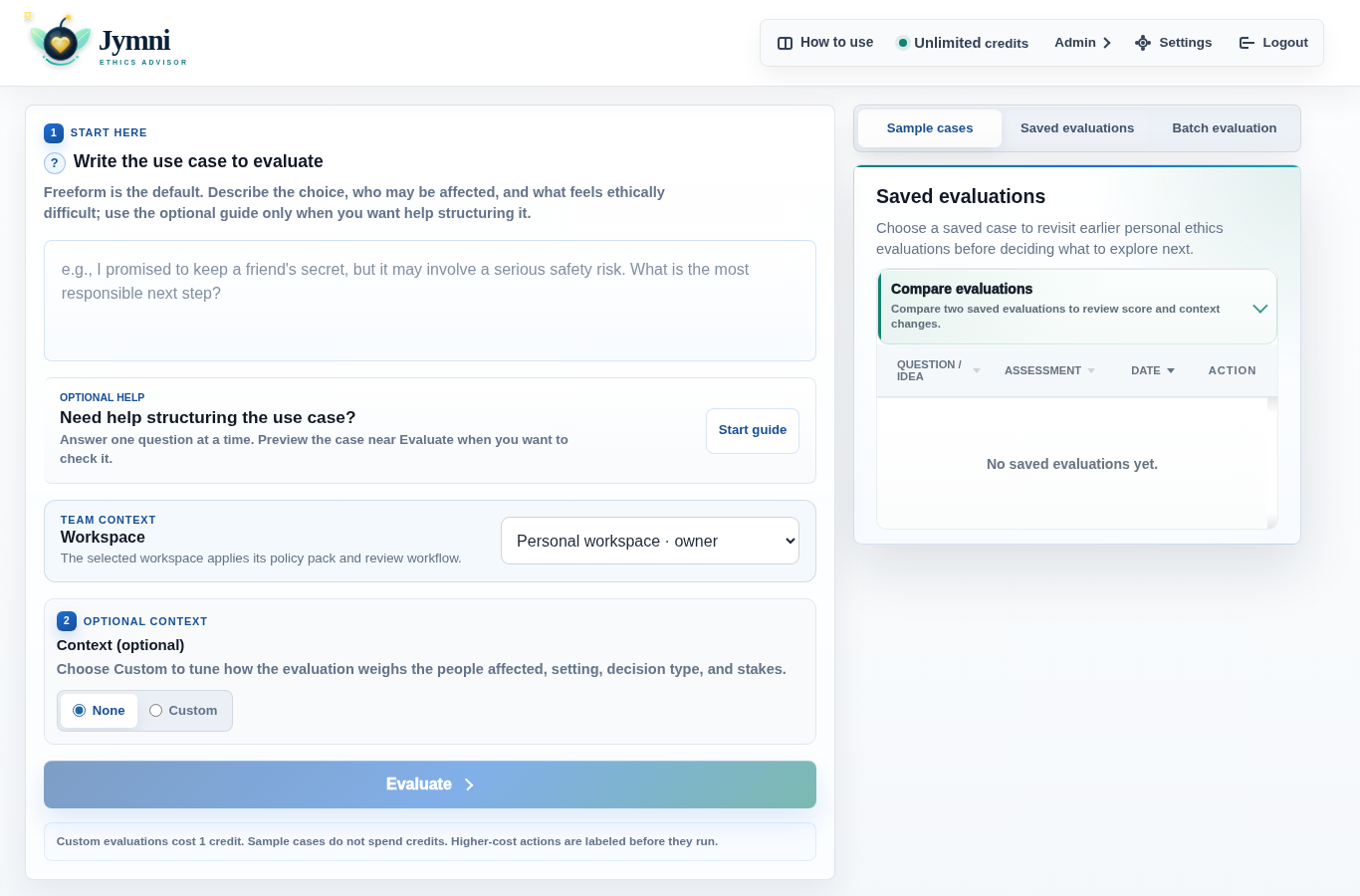 Saved evaluations screen with theme clusters, comparison controls, and saved evaluation rows.
